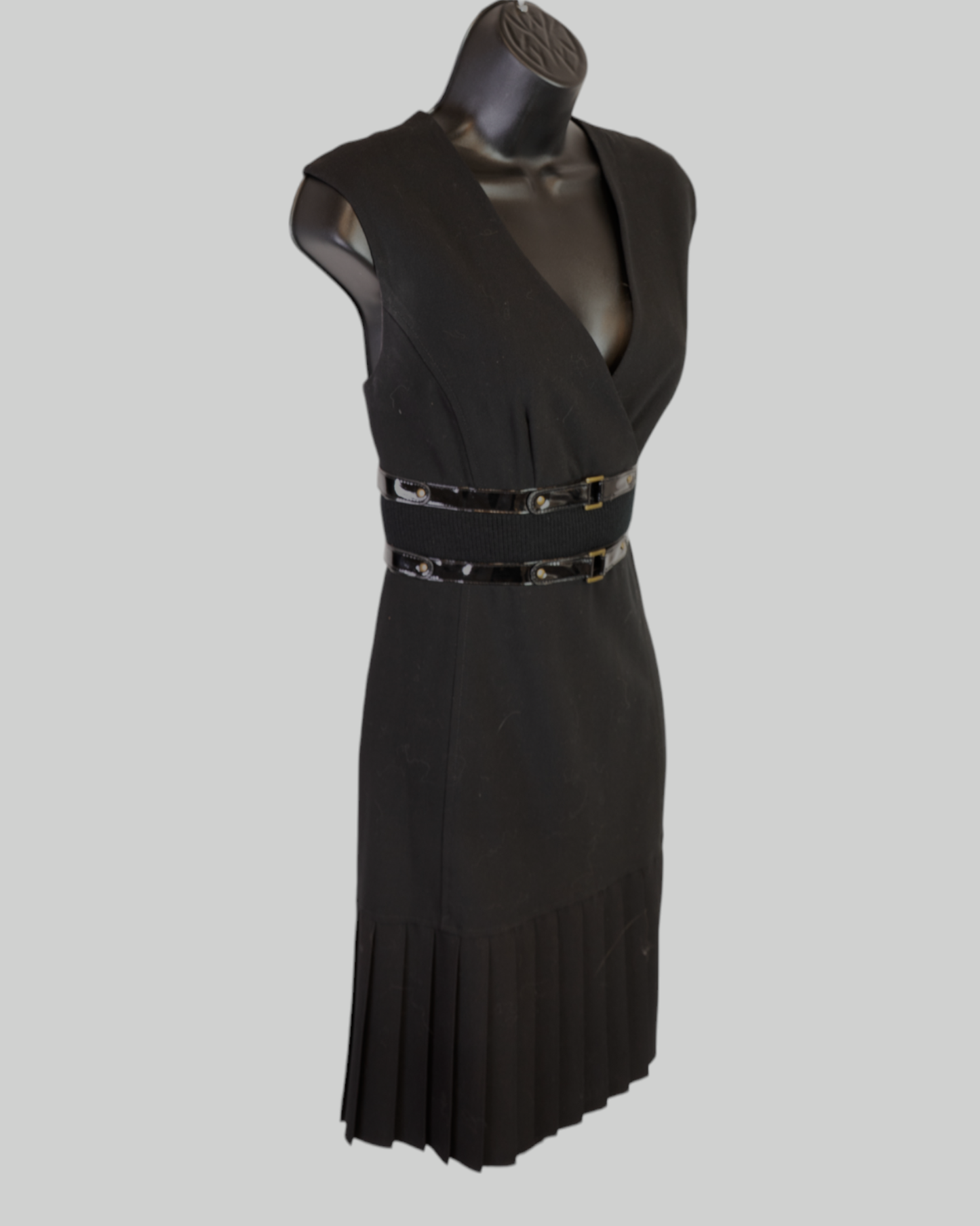 Tracy Reese Black Sleeveless Double Buckle Pleated Hem Knee-Length Dress