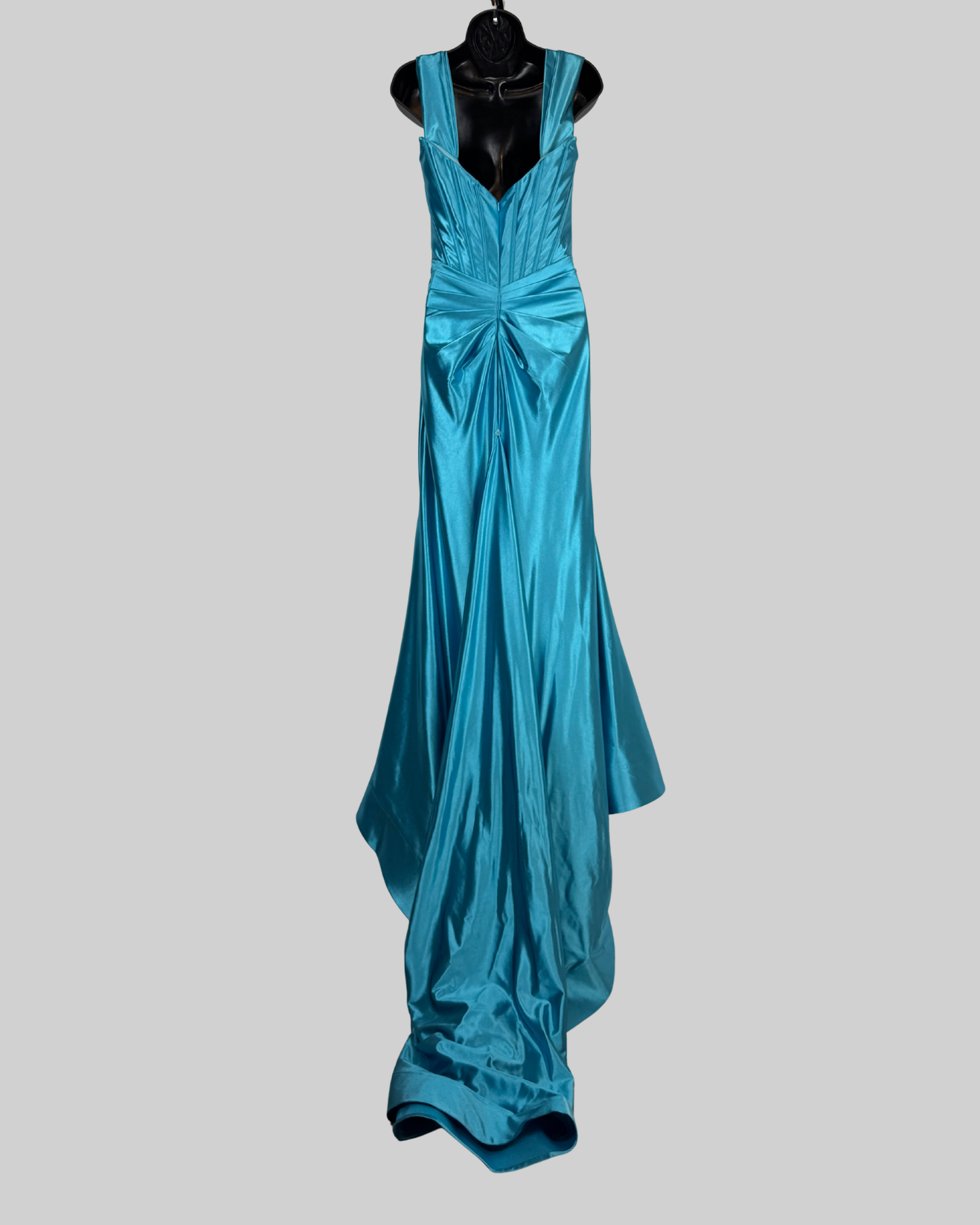 Sherri Hill Silk Light Blue Corset Sleeveless Drape Detail Asymmetrical Wave Mermaid Gown