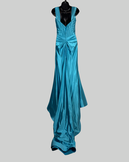 Sherri Hill Silk Light Blue Corset Sleeveless Drape Detail Asymmetrical Wave Mermaid Gown