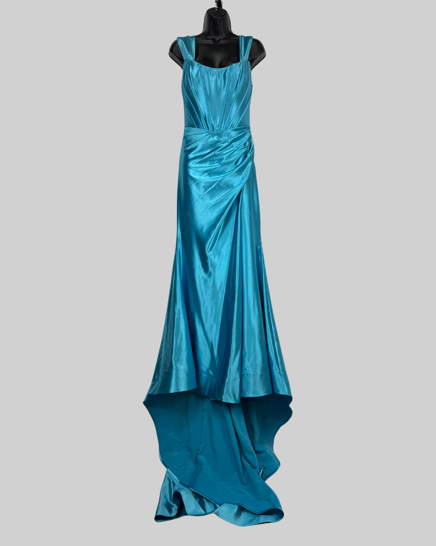 Sherri Hill Silk Light Blue Corset Sleeveless Drape Detail Asymmetrical Wave Mermaid Gown