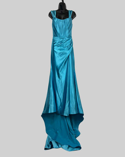 Sherri Hill Silk Light Blue Corset Sleeveless Drape Detail Asymmetrical Wave Mermaid Gown