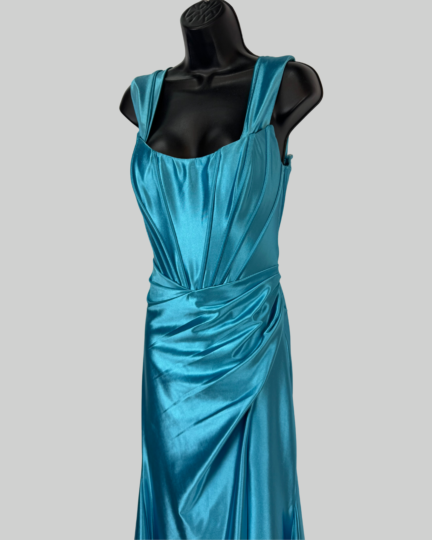 Sherri Hill Silk Light Blue Corset Sleeveless Drape Detail Asymmetrical Wave Mermaid Gown