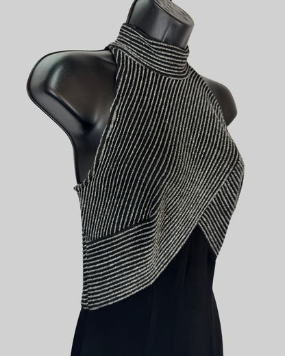 Cache Black & Silver Sparkly Stripe Detail Halter-Neck Fitted Gown