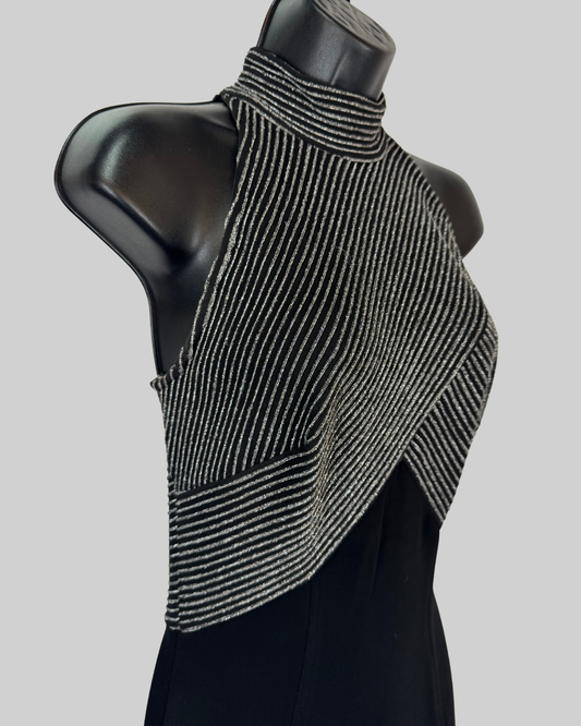 Cache Black & Silver Sparkly Stripe Detail Halter-Neck Fitted Gown