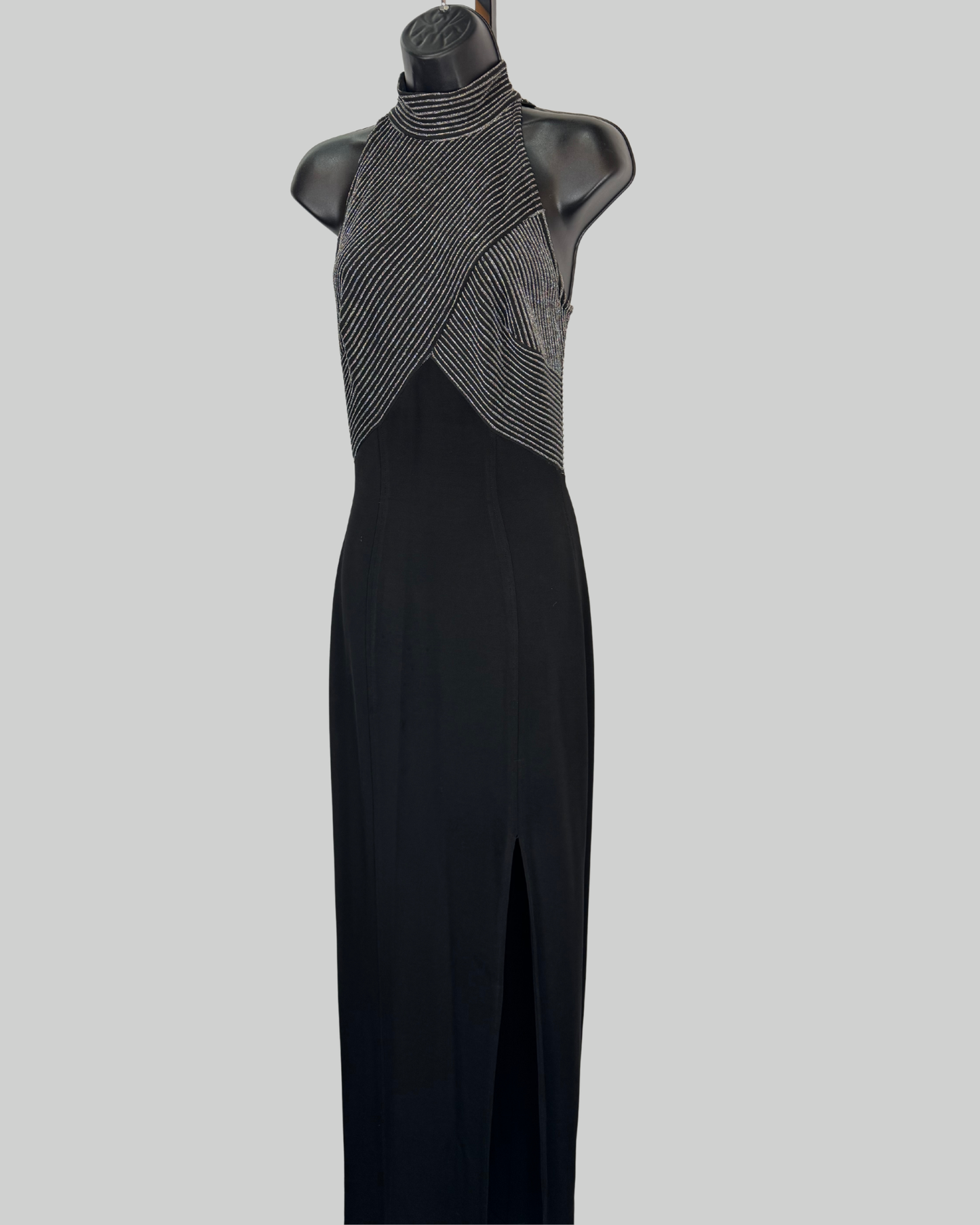 Cache Black & Silver Sparkly Stripe Detail Halter-Neck Fitted Gown