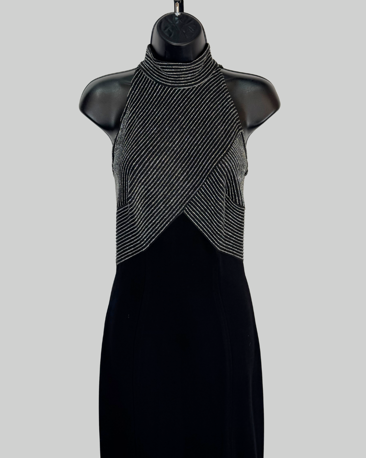 Cache Black & Silver Sparkly Stripe Detail Halter-Neck Fitted Gown