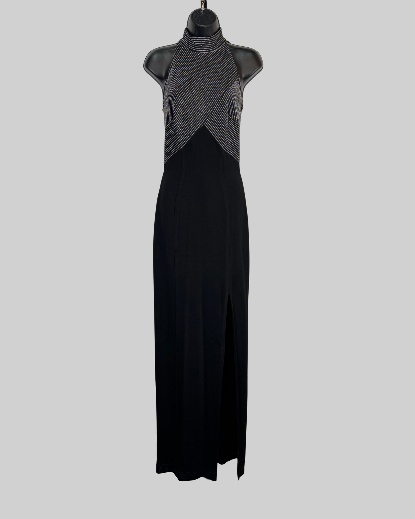 Cache Black & Silver Sparkly Stripe Detail Halter-Neck Fitted Gown