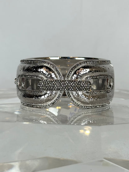 Silver Tone Metal Hinge Cuff Bracelet w Hammered Texture & Crystal Accent