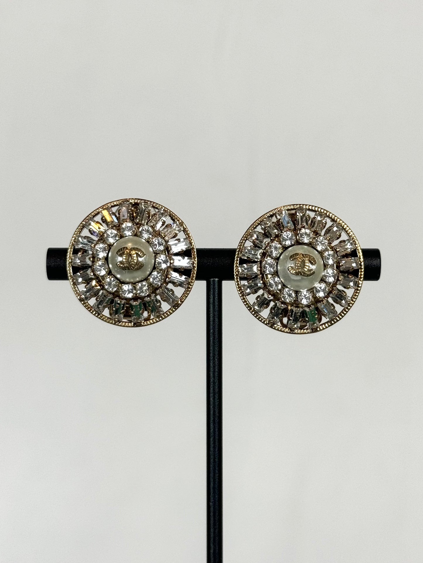 Chanel Gold Tiered Rhinestone Earrings w/ Faux Pearl Center & Double C Logo