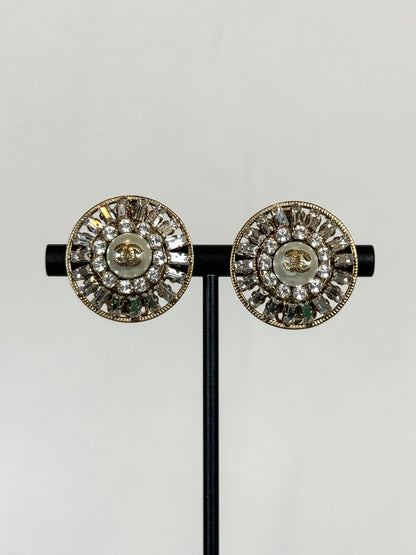 Chanel Gold Tiered Rhinestone Earrings w/ Faux Pearl Center & Double C Logo