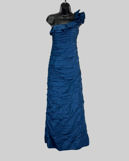Teri Jon Blue Ruched One Shoulder Gown