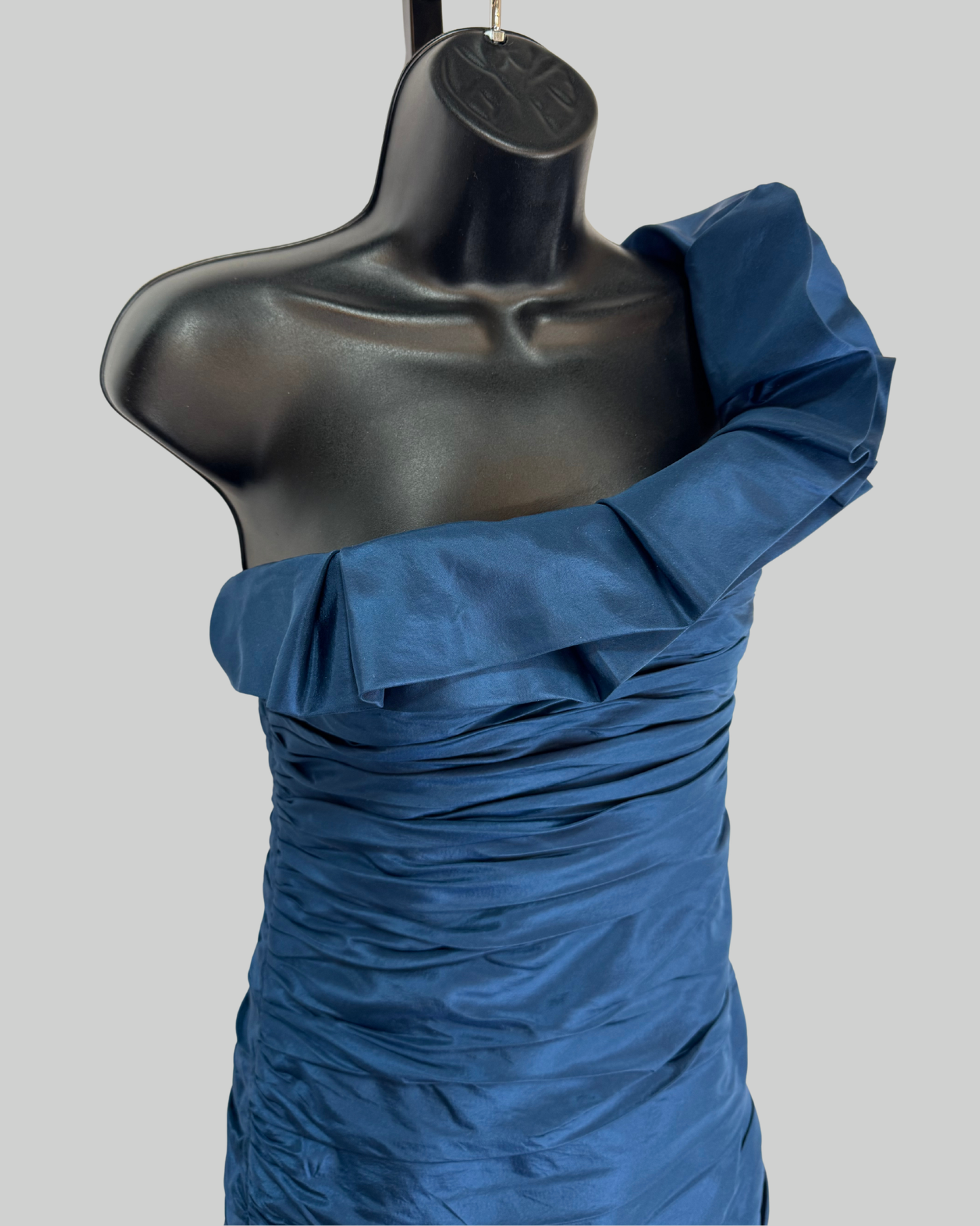 Teri Jon Blue Ruched One Shoulder Gown