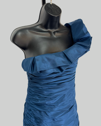 Teri Jon Blue Ruched One Shoulder Gown