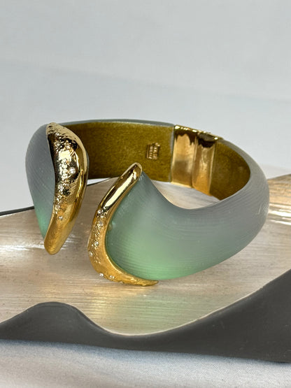Alexis Bittar Soft Green Frosted Lucite 14K Gold Hinge Cuff Bracelet