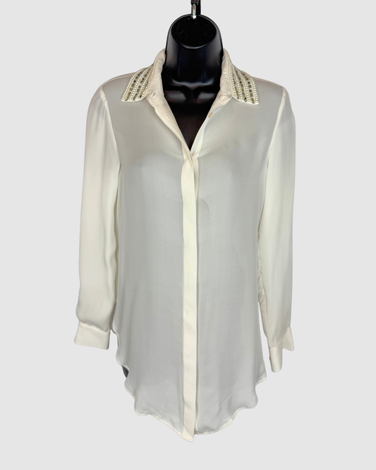 Haute Hippie Silk Pearl White Pearl & Beaded Collared Button Up Long Sleeve Blouse