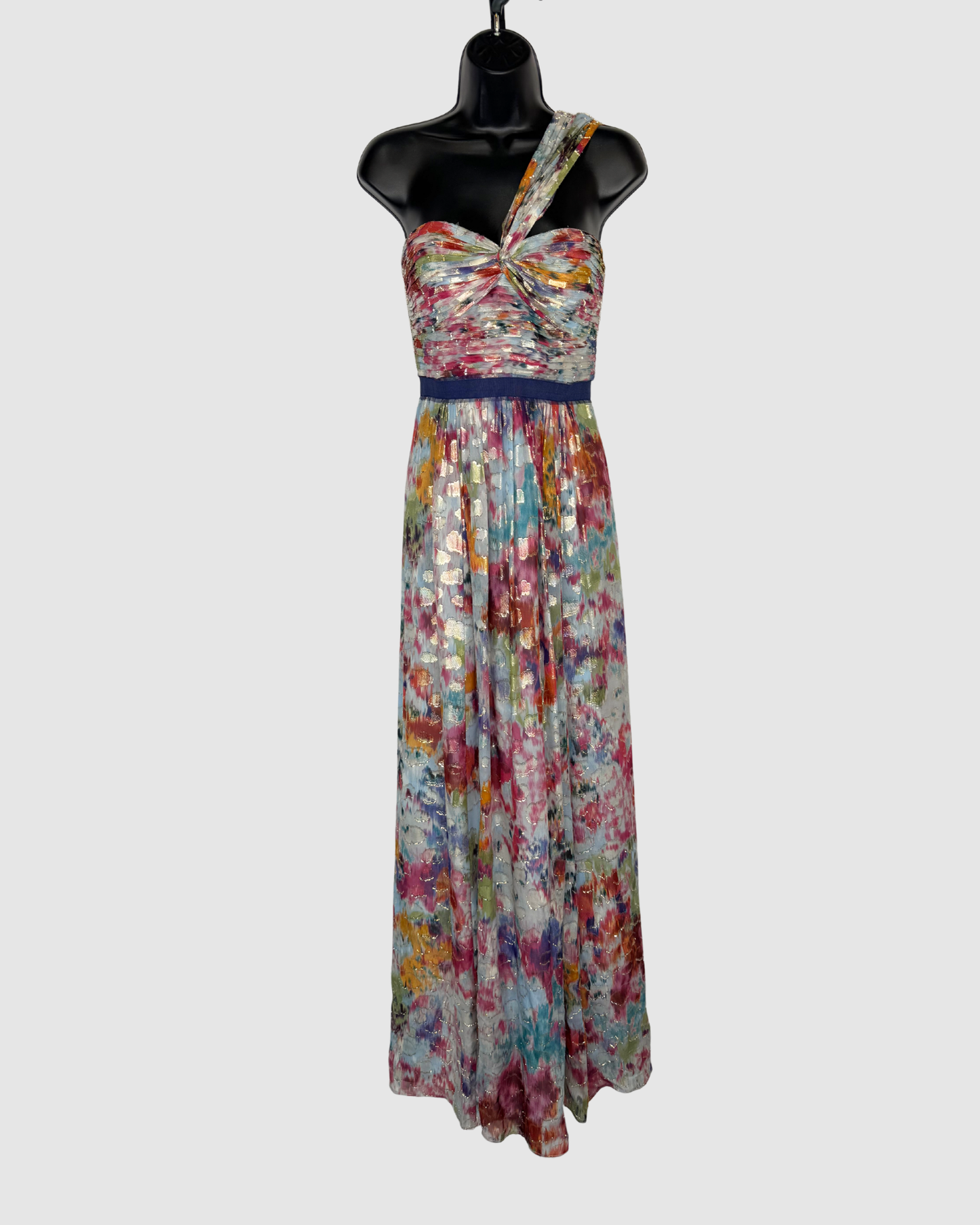 BCBGMaxazria Silk Multicolor Metallic One Shoulder Pleated Maxi Dress