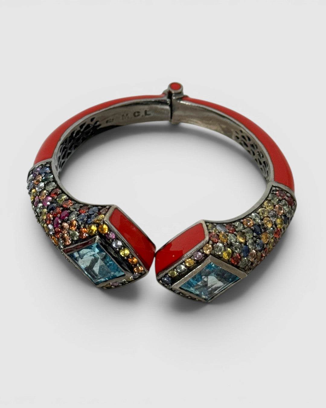 Matthew Campbell Laurenza Sterling Silver Red Cloisonné Enamel Hinged Bracelet w/ Blue Topaz