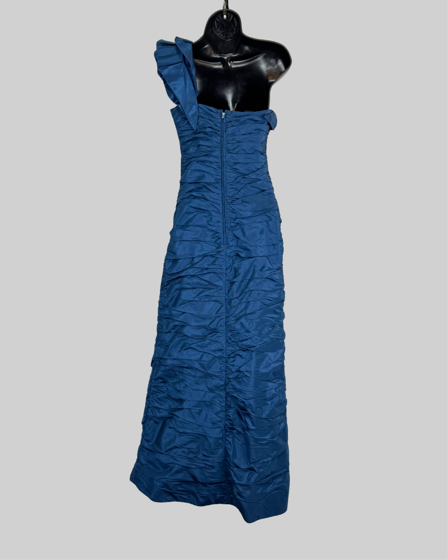 Teri Jon Blue Ruched One Shoulder Gown