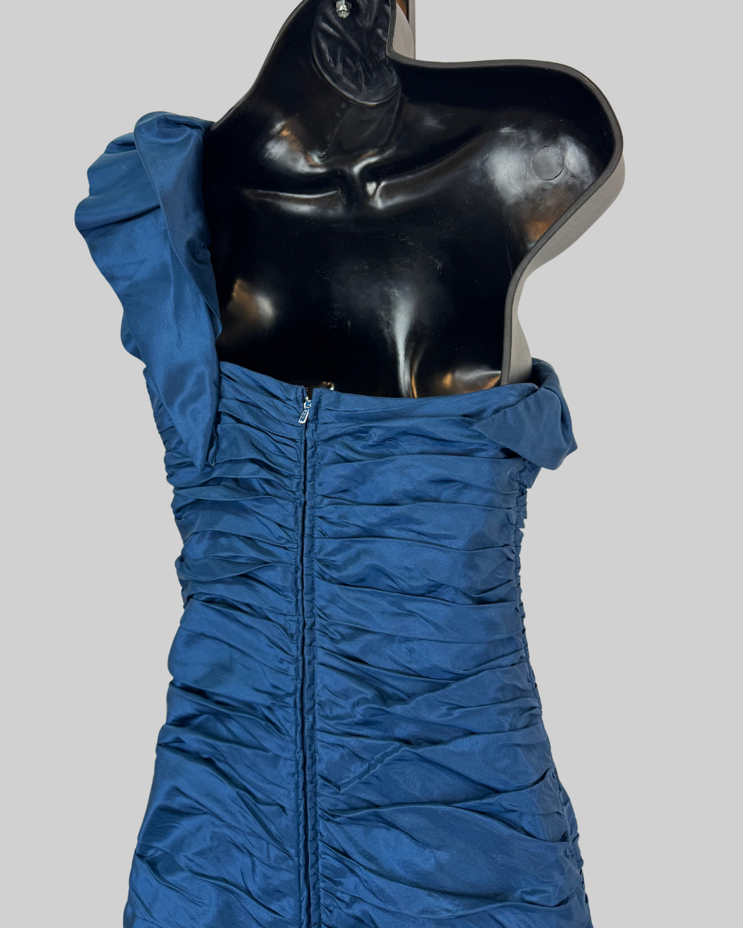 Teri Jon Blue Ruched One Shoulder Gown