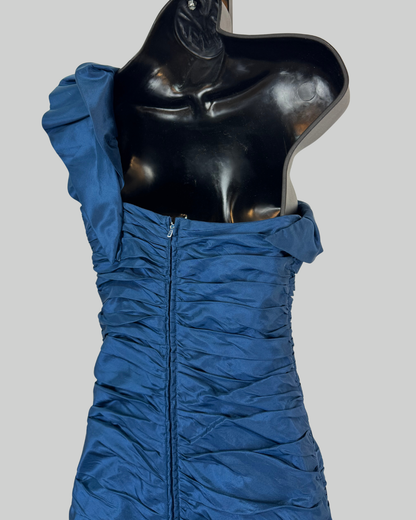 Teri Jon Blue Ruched One Shoulder Gown