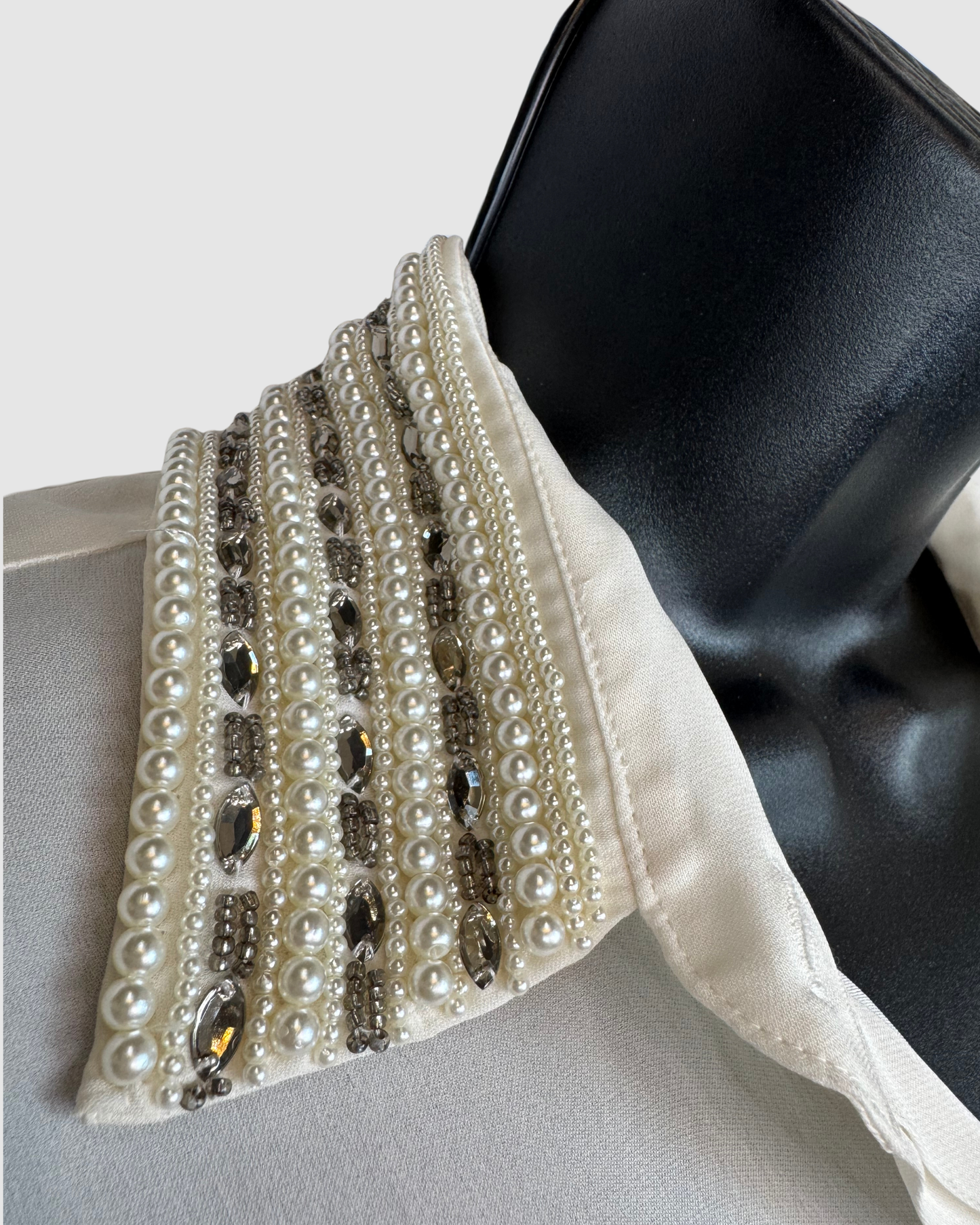 Haute Hippie Silk Pearl White Pearl & Beaded Collared Button Up Long Sleeve Blouse