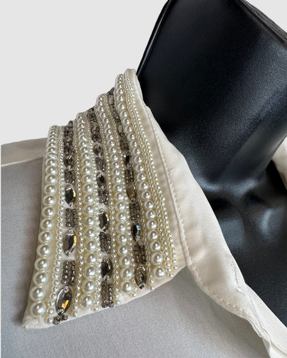 Haute Hippie Silk Pearl White Pearl & Beaded Collared Button Up Long Sleeve Blouse