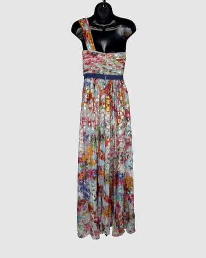 BCBGMaxazria Silk Multicolor Metallic One Shoulder Pleated Maxi Dress