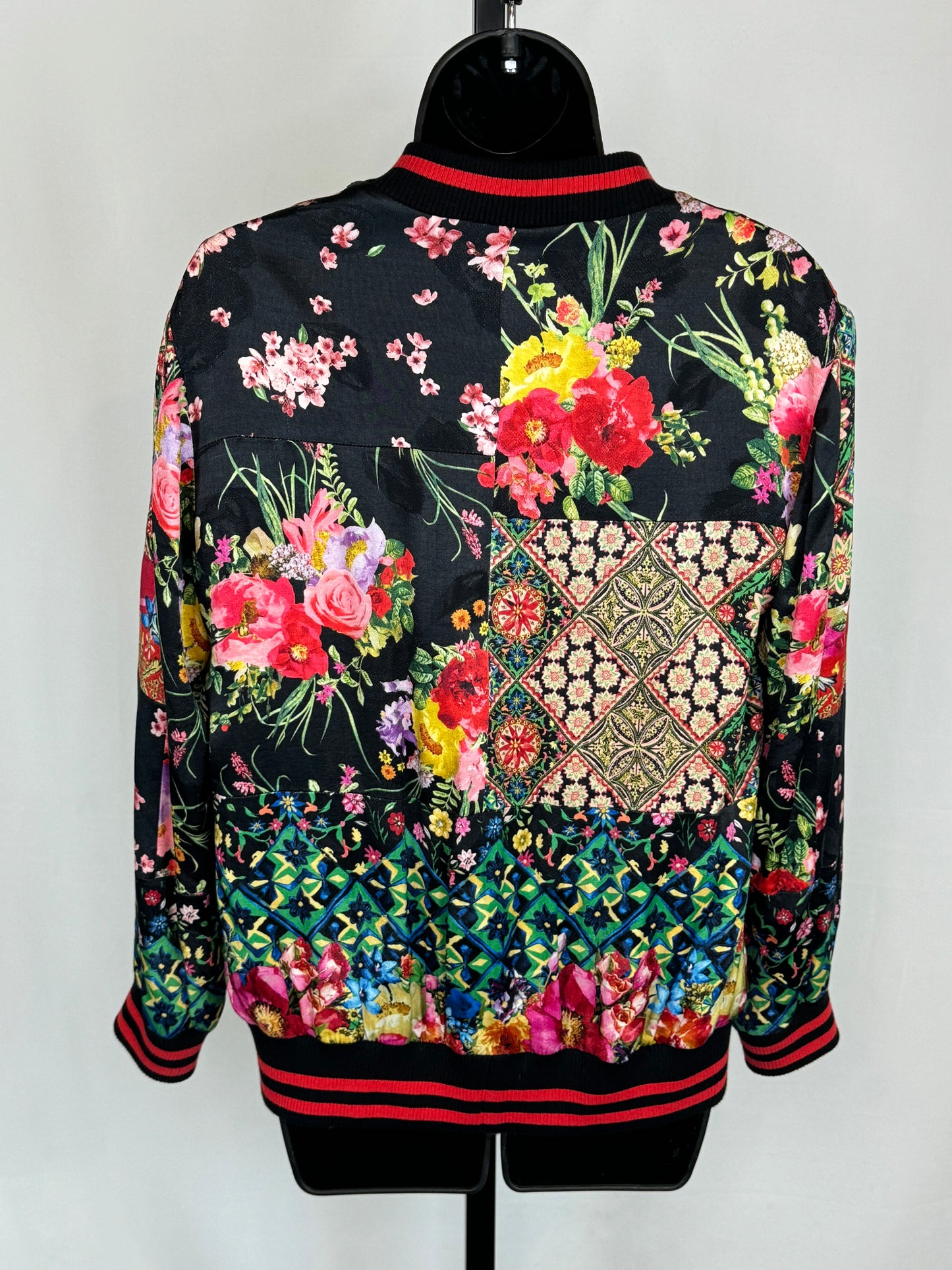 Alice + Olivia Black Multicolor Floral Zip Up Bomber Jacket