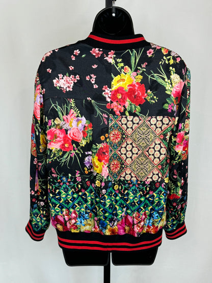 Alice + Olivia Black Multicolor Floral Zip Up Bomber Jacket