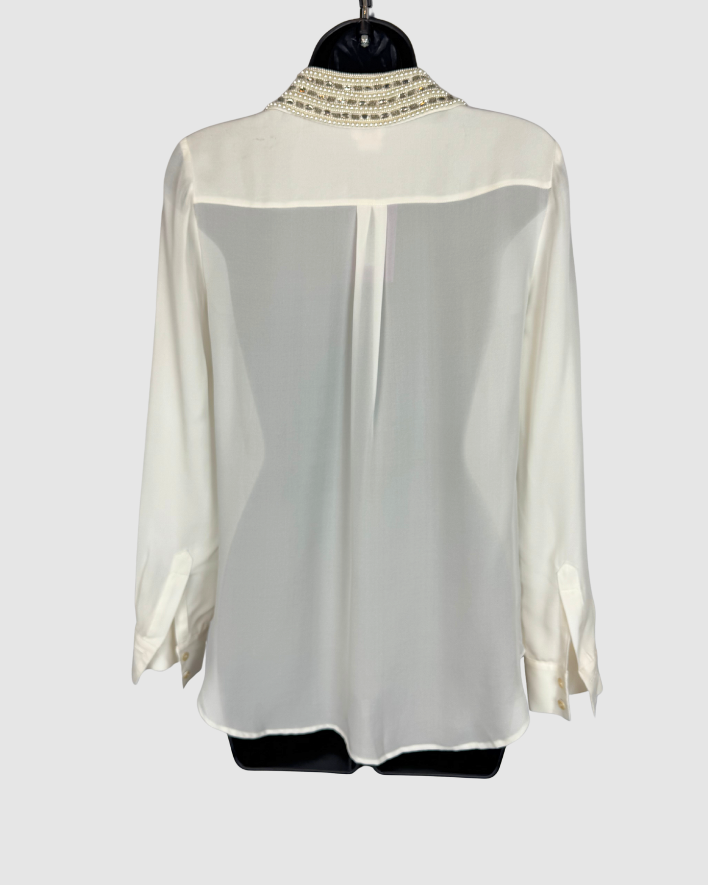 Haute Hippie Silk Pearl White Pearl & Beaded Collared Button Up Long Sleeve Blouse