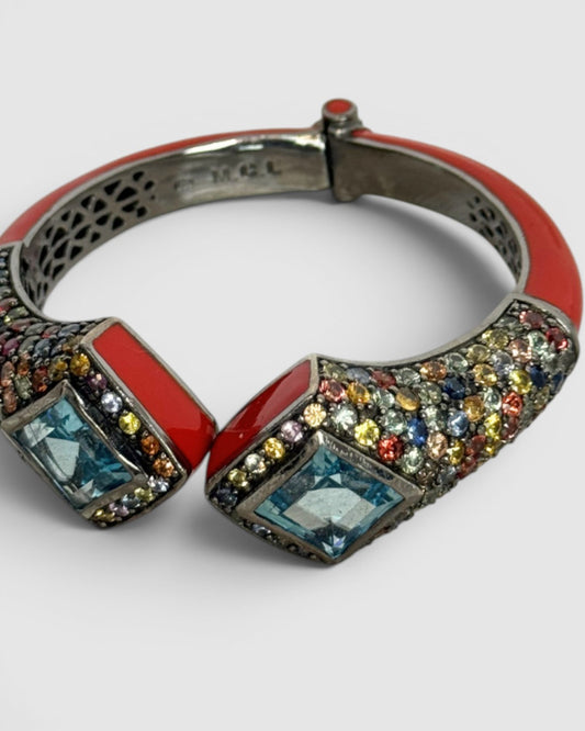 Matthew Campbell Laurenza Sterling Silver Red Cloisonné Enamel Hinged Bracelet w/ Blue Topaz