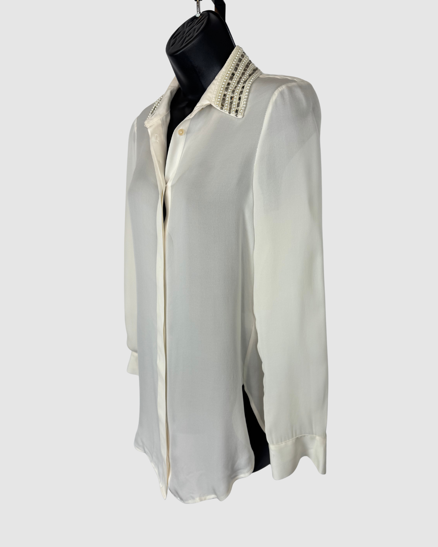 Haute Hippie Silk Pearl White Pearl & Beaded Collared Button Up Long Sleeve Blouse