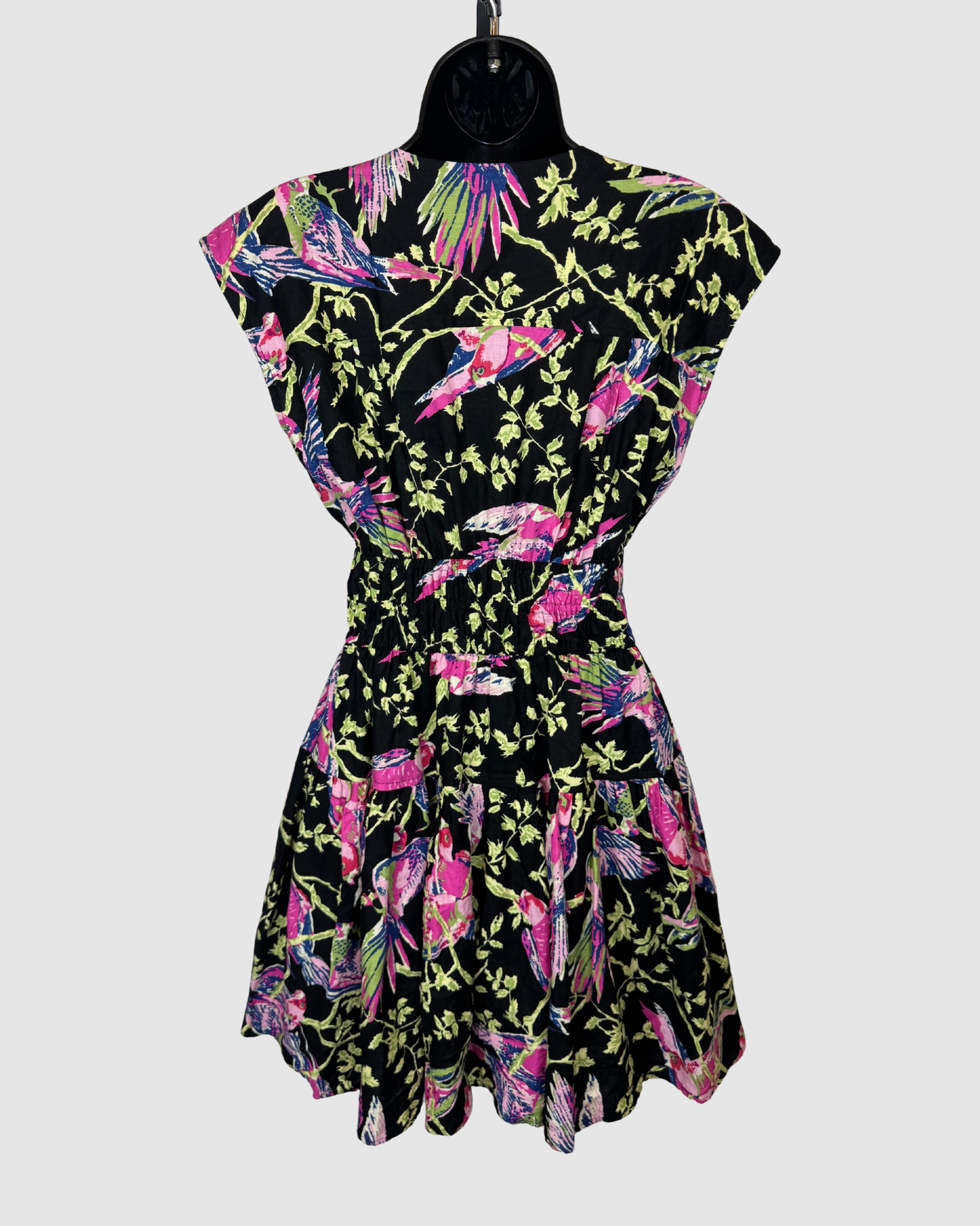 Derek Lam Black w/ Pink Green & Blue Floral Short Sleeve Double Waist Tie Knee-Length Dress