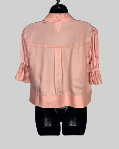 Cinq a Sept Satin Pink 1/2 Puff Ruffle Sleeve Zip Up Double Breasted Jacket