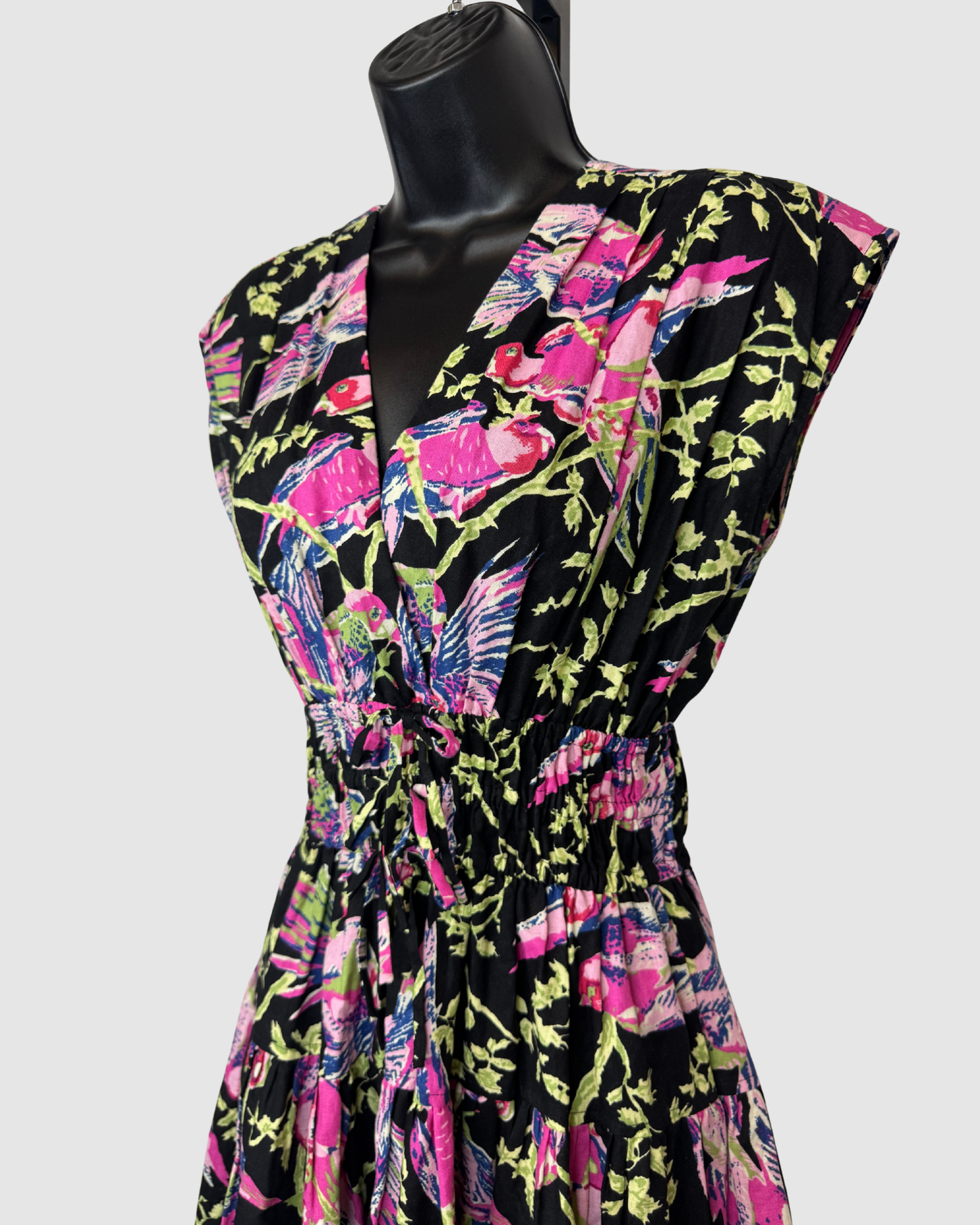 Derek Lam Black w/ Pink Green & Blue Floral Short Sleeve Double Waist Tie Knee-Length Dress