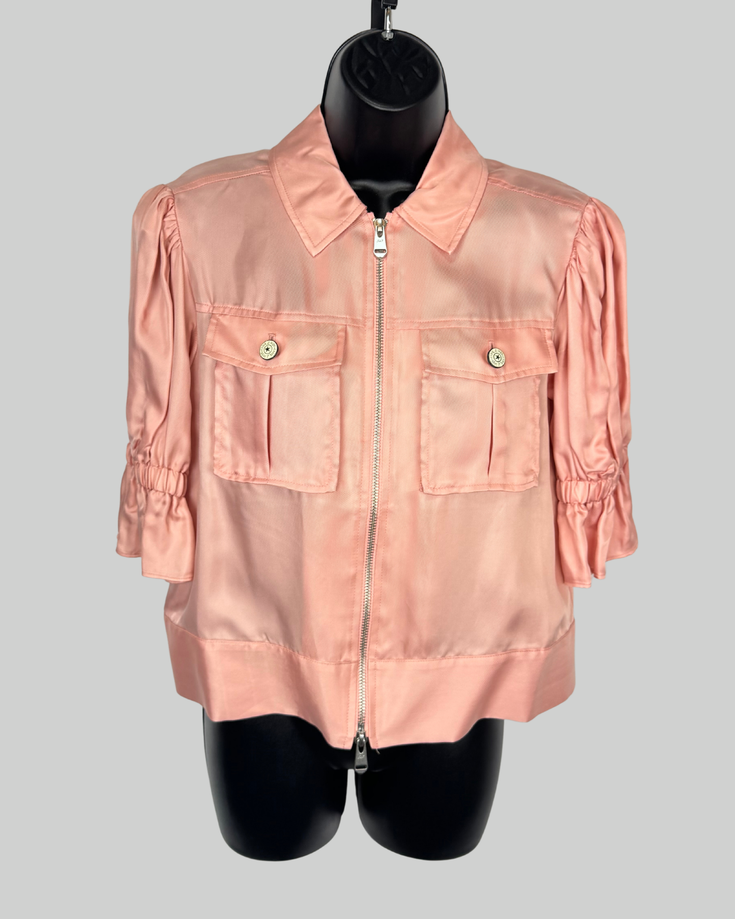 Cinq a Sept Satin Pink 1/2 Puff Ruffle Sleeve Zip Up Double Breasted Jacket
