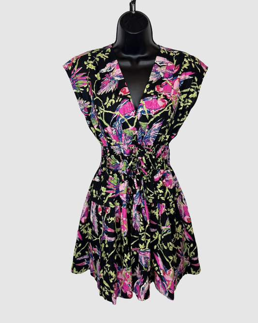 Derek Lam Black w/ Pink Green & Blue Floral Short Sleeve Double Waist Tie Knee-Length Dress