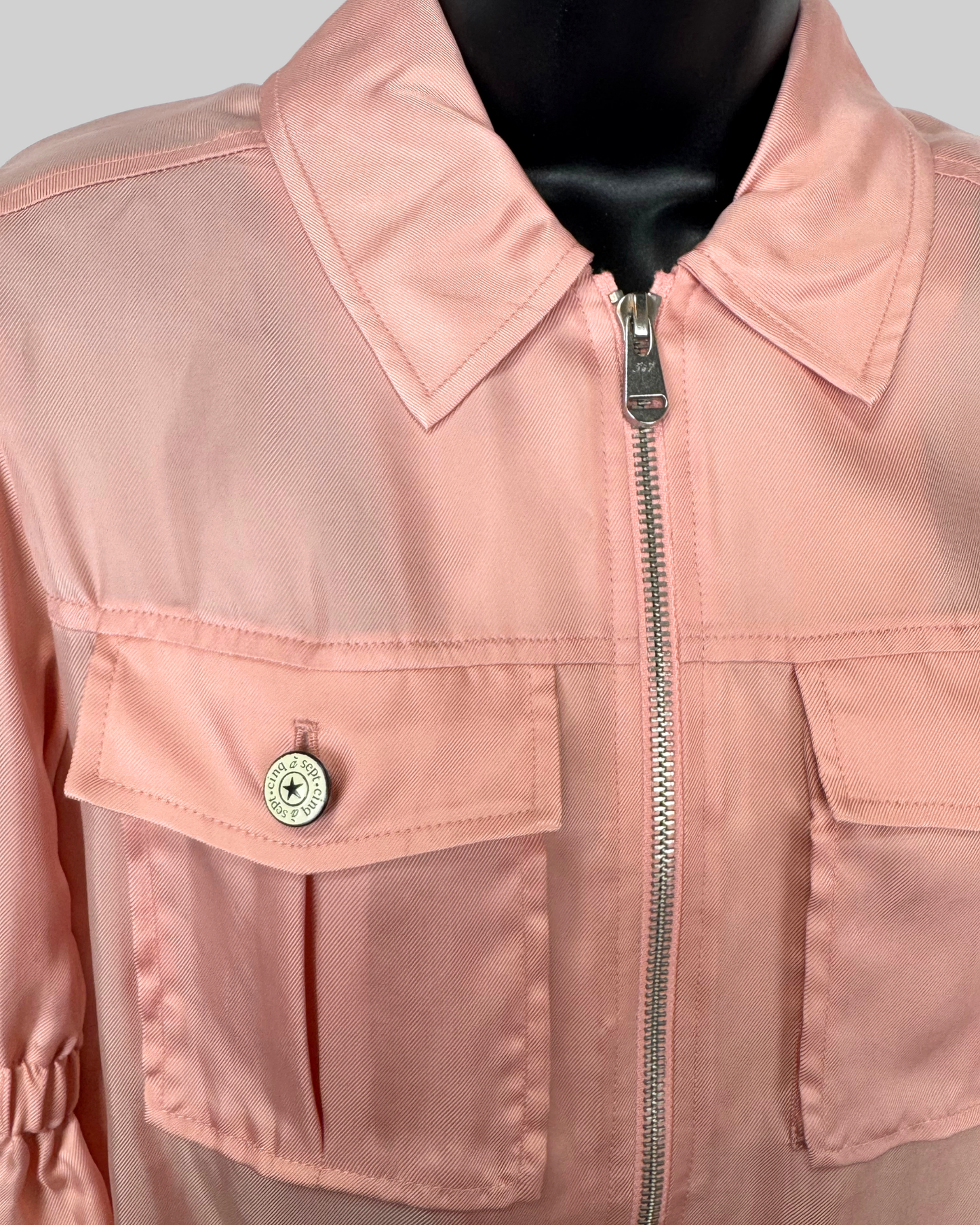 Cinq a Sept Satin Pink 1/2 Puff Ruffle Sleeve Zip Up Double Breasted Jacket