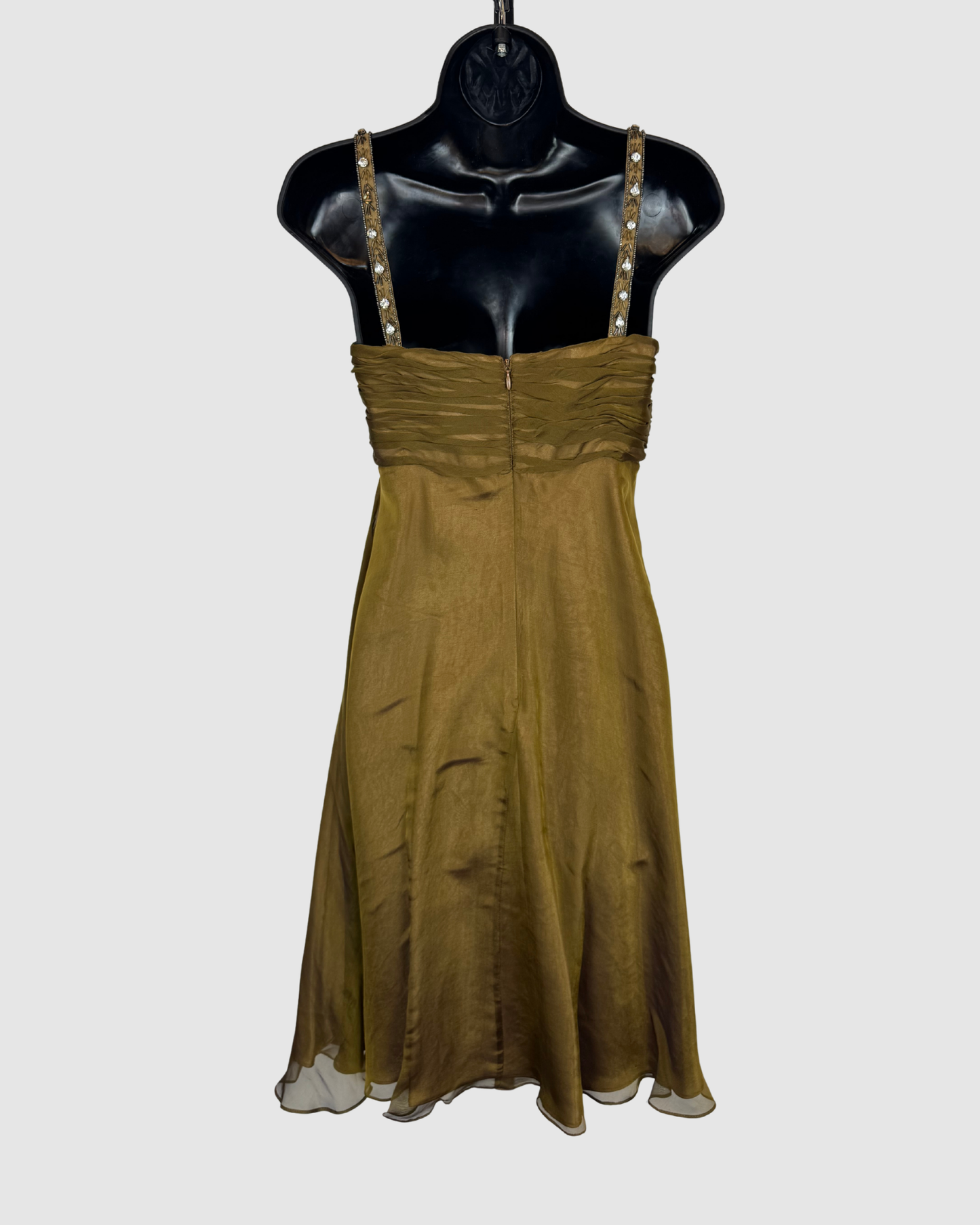 Badgley Mischka Silk Bronze Sleeveless Mini Dress w/ Rhinestone Straps