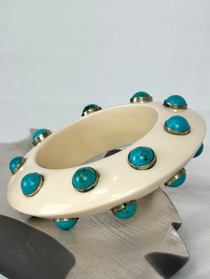 Handcrafted Cream Thick Bangle w Turquoise Stones