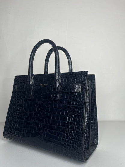 Saint Laurent Blue Croc Embossed Sac De Jour Top handle/Crossbody "Nano" Bag