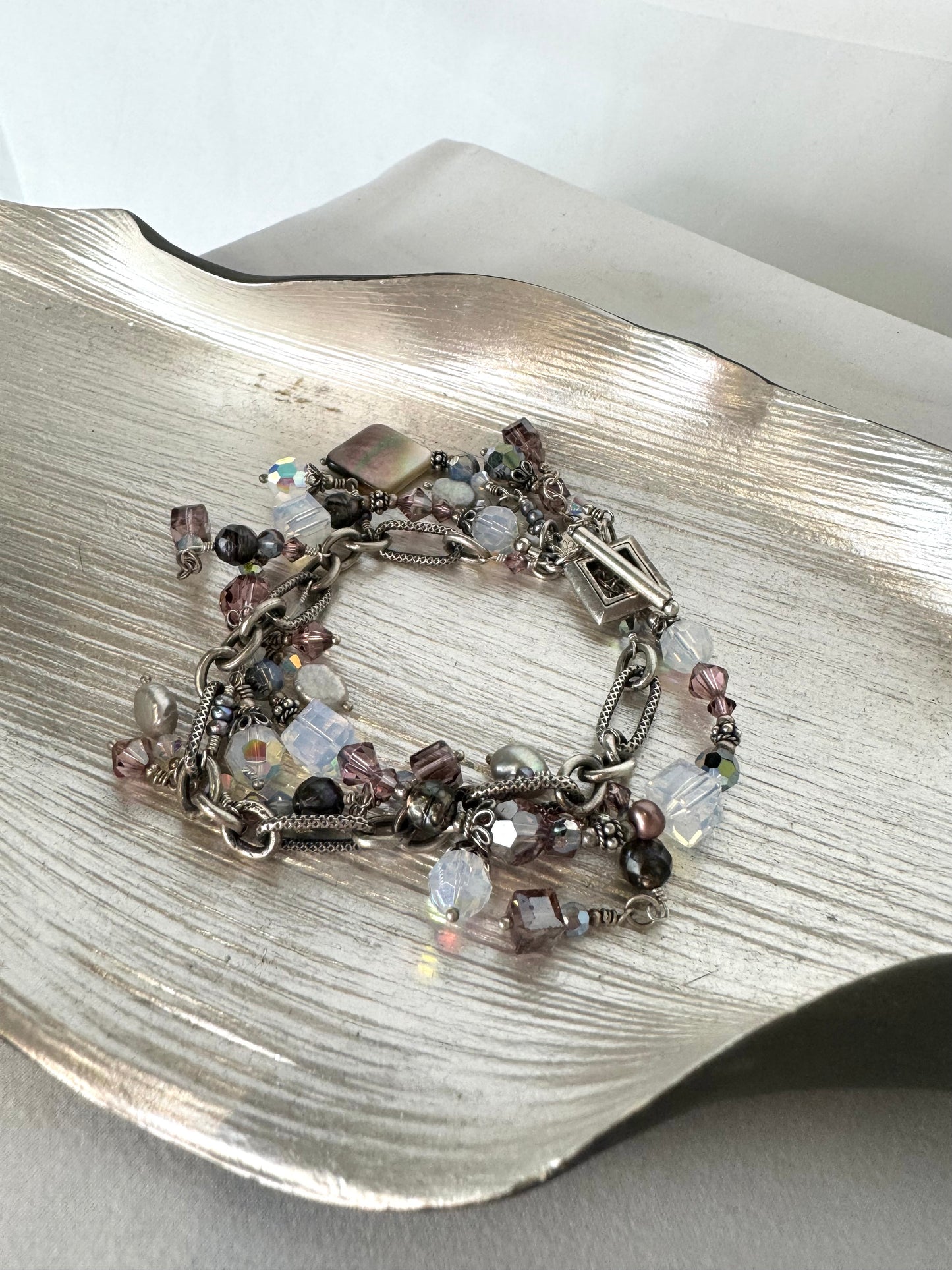 Tres Jolis Pearl Purple Crystal & Silver Toned Charm Chain Link Multi Dangle Bracelet