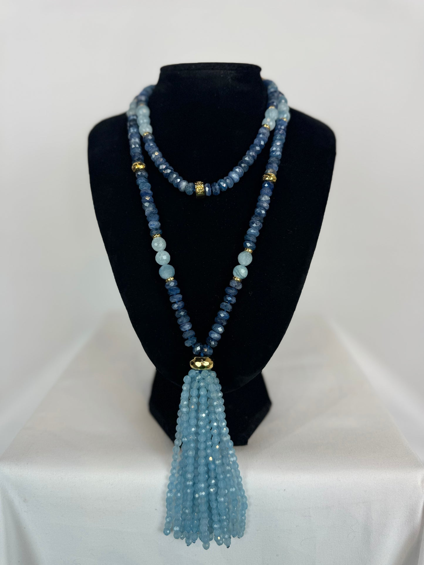 Nest Aquamarine Stone & Bead Double Tassel Strand Necklace