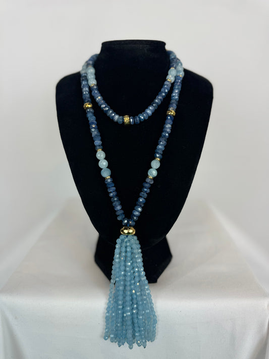 Nest Aquamarine Stone & Bead Double Tassel Strand Necklace