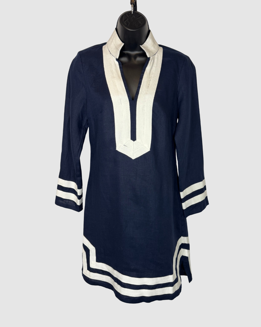 Sail to Sable Linen Navy w White Trim V-Neck Long Sleeve Knee-Length Dress NWT