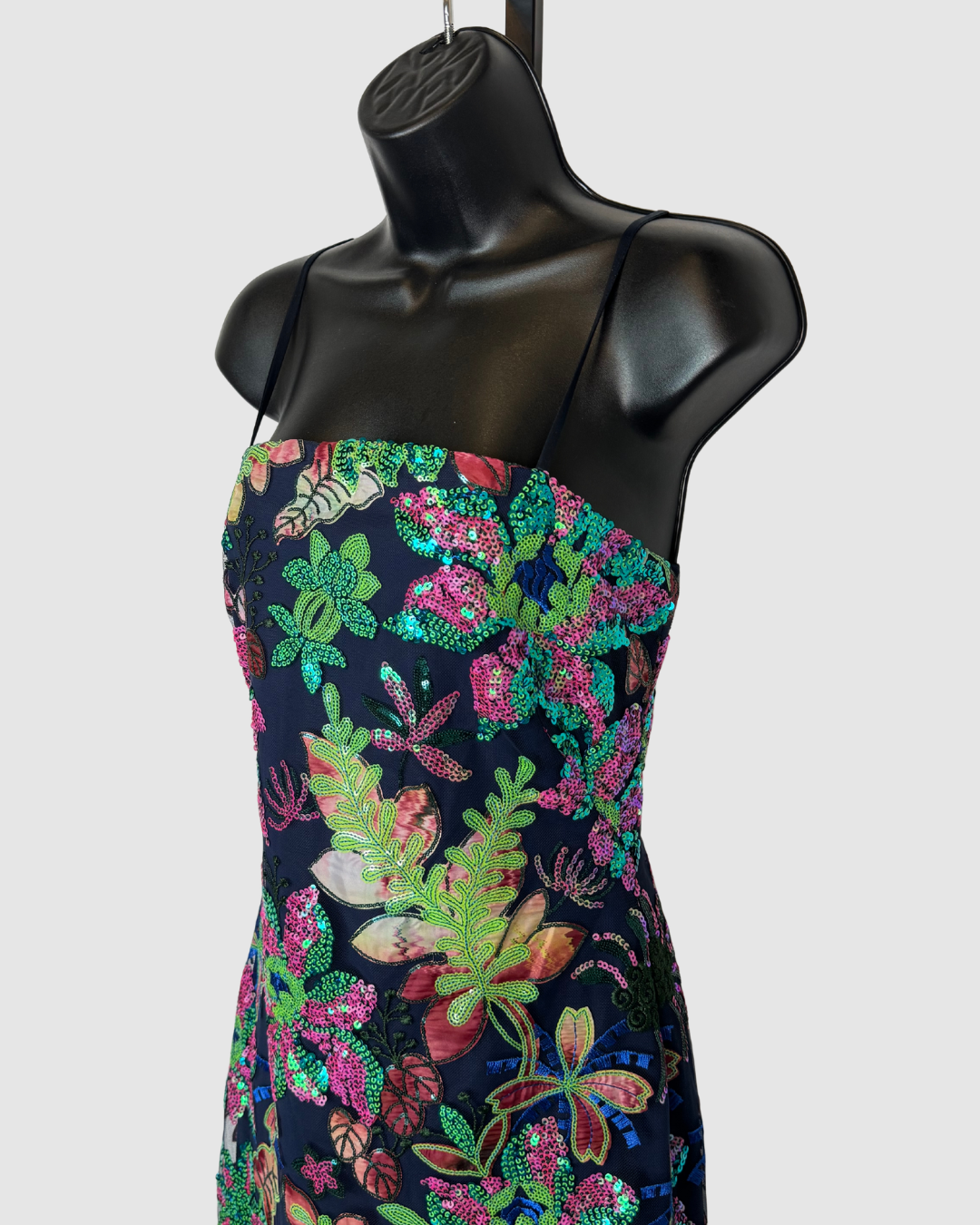 Ramy Brook Navy Mesh w/ Embroidered & Sequin Floral Print Spaghetti Strap Midi Dress NWT
