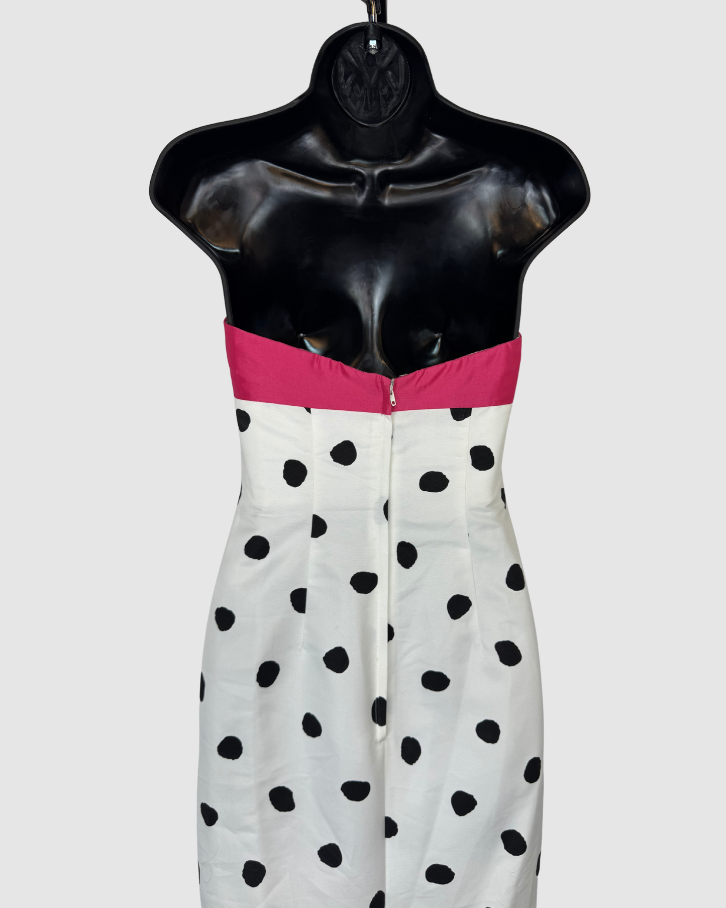 Jovani White Black Polka Dot Pink Bow Neckline Strapless Gown