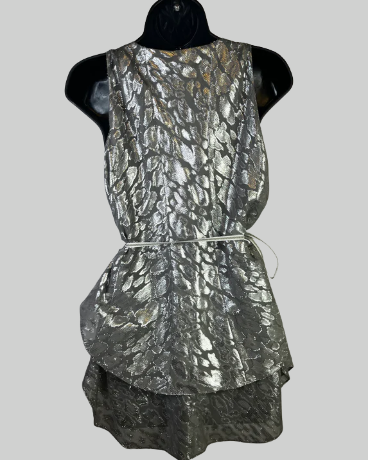Etcetera Silk Grey & Silver Sleeveless Blouse w/ Waist Tie
