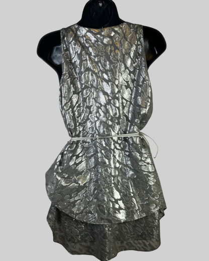 Etcetera Silk Grey & Silver Sleeveless Blouse w/ Waist Tie