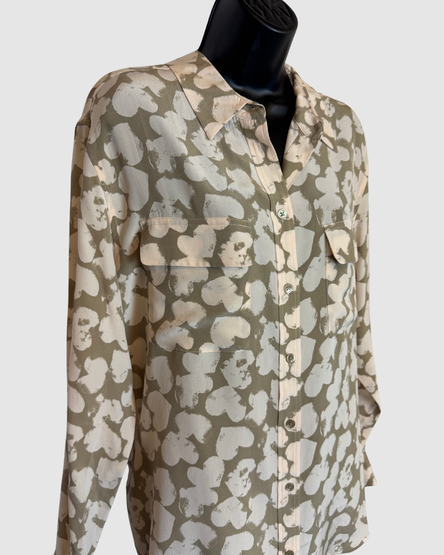 Equipment Silk Beige Brown Heart Print Double Breasted Long Sleeve Button Blouse